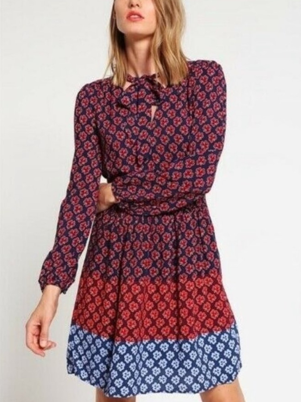 GAP Long Sleeve Tie Neck Retro Clover Print Pocket Navy Red Blue Fall Dress 2